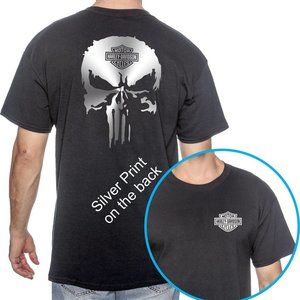 HARLEY - DAVISON PUNISHER T-SHIRT.  USA SILVER PRINT - LIMITED EDITION  TEES